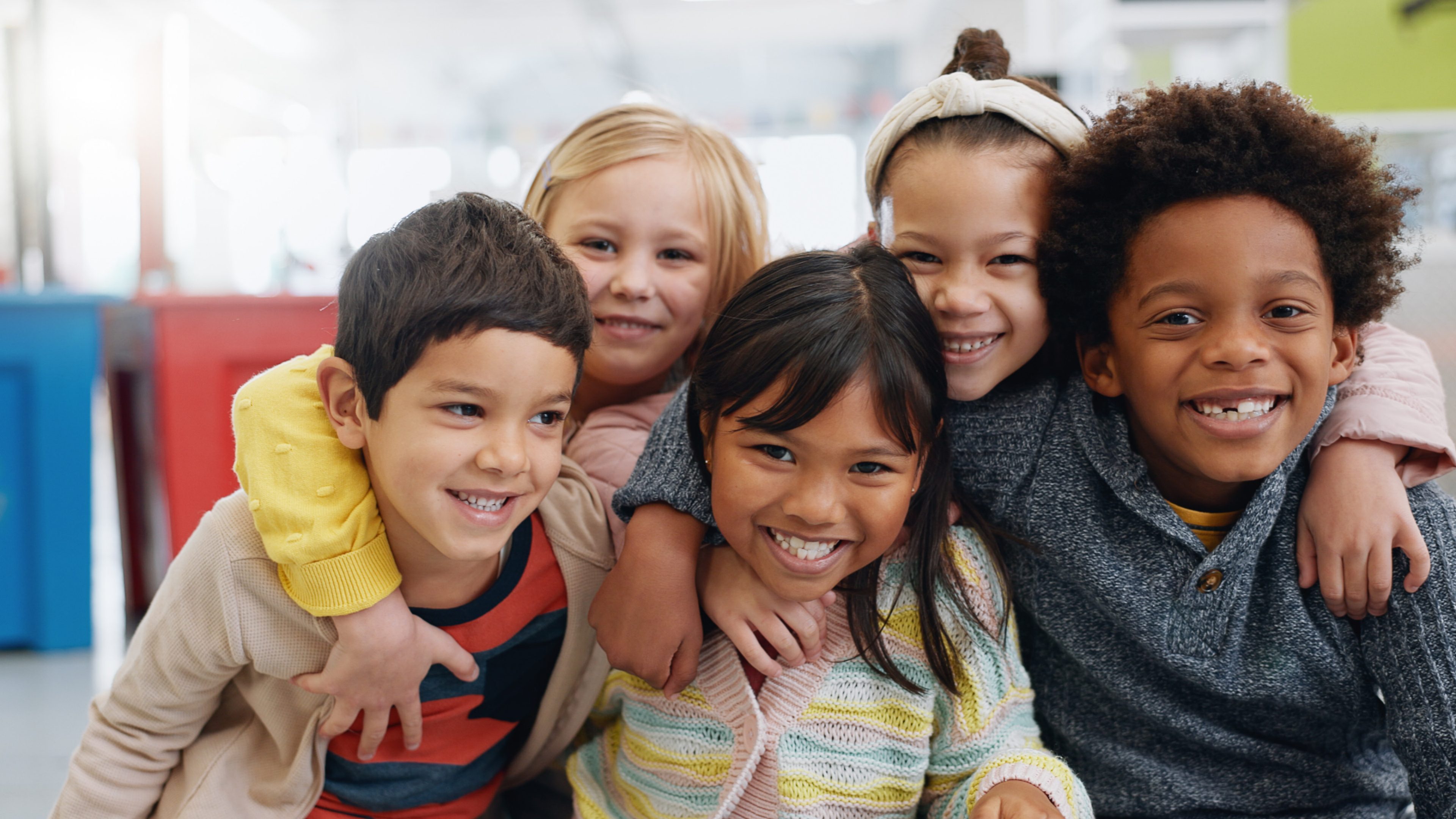 Science, portrait and group of kids with smile at convention, expo or exhibition with happiness. Student, children or face with smile at tradeshow or scientific conference for knowledge and education