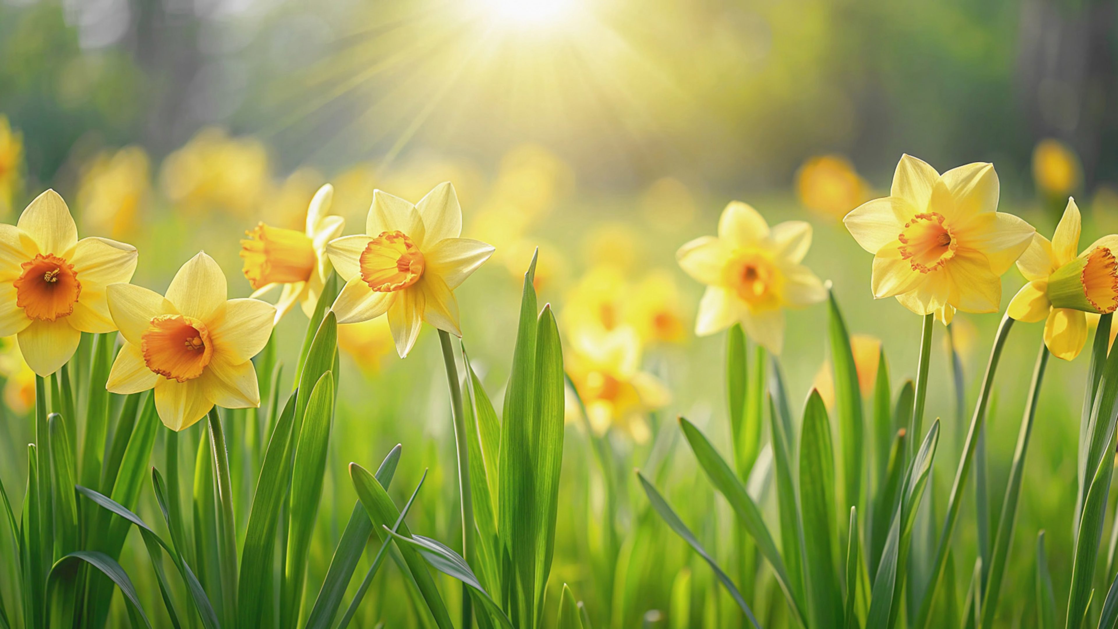 Photograph of a vibrant field of yellow daffodils in a natural setting in spring. Sunlight filters through the foliage, creating a warm golden glow.