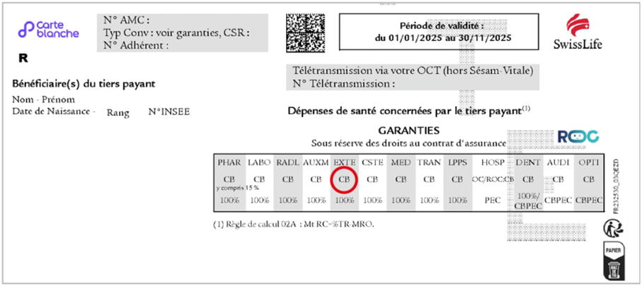 Extrait d’une attestation de tiers payant Swiss Life montrant les informations d’adhérent, la période de validité et les garanties, avec la ligne “EXTE” indiquée désormais en prise en charge Carte Blanche Partenaires (“CB”).