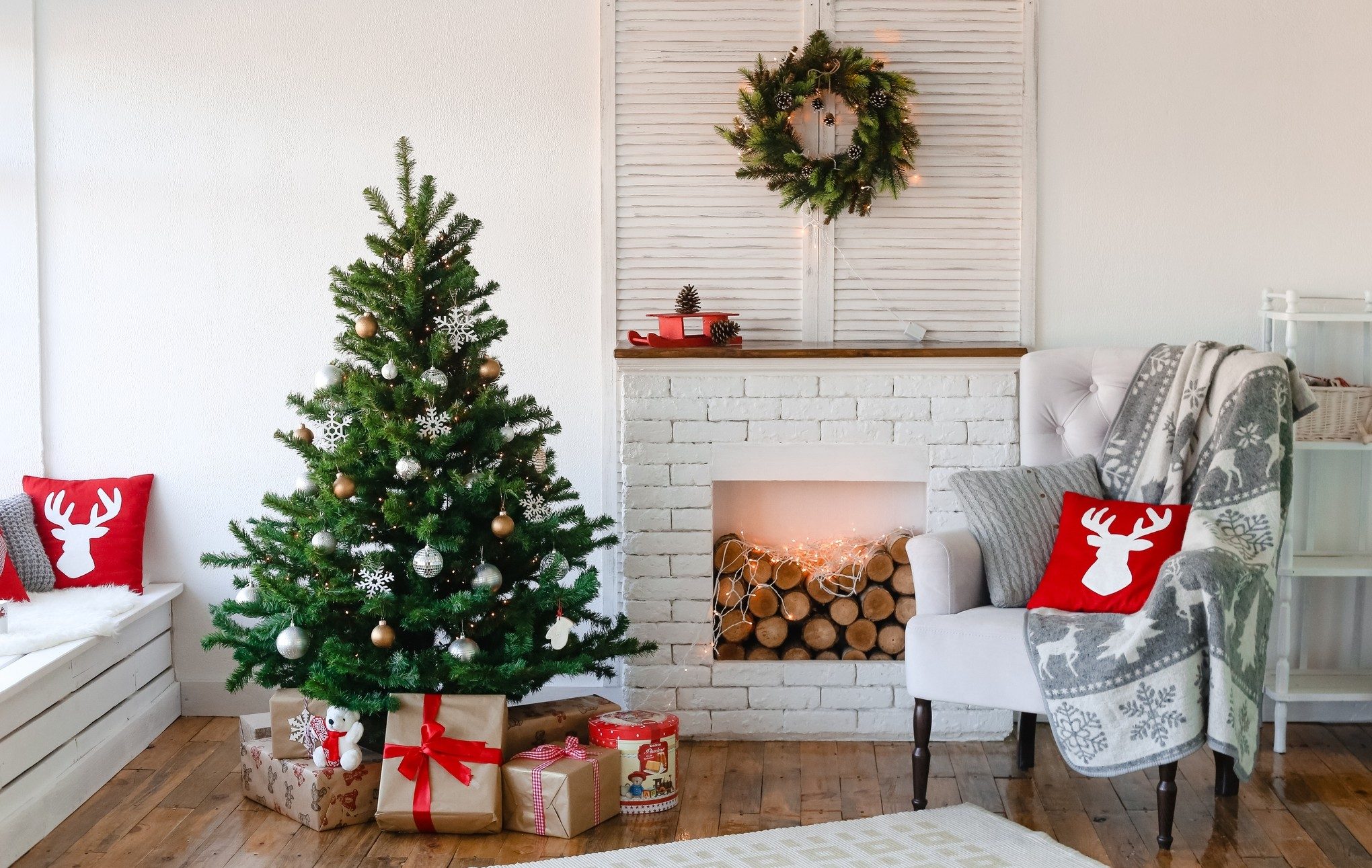 new year interior hallway house decorated tree fireplace and armchair